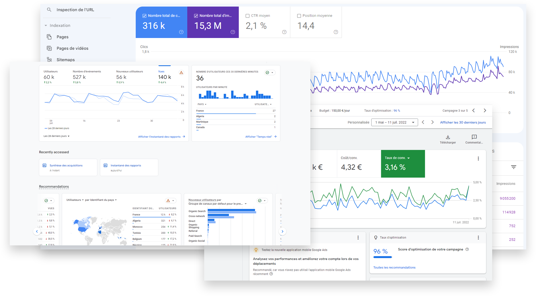 Tableau de bord des outils Google de l'agence web Artisan Webmaster